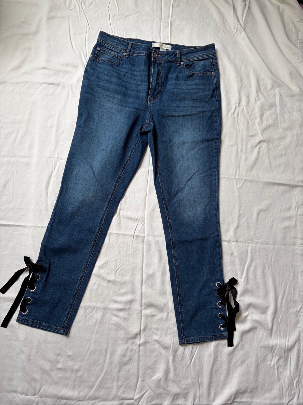 Dark Blue High Rise Lace-Up Ankle Jeans with Ribbon Hem